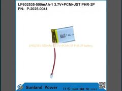 LP602535-500mAh-1 3.7V+PCM+JST PHR-2P pil